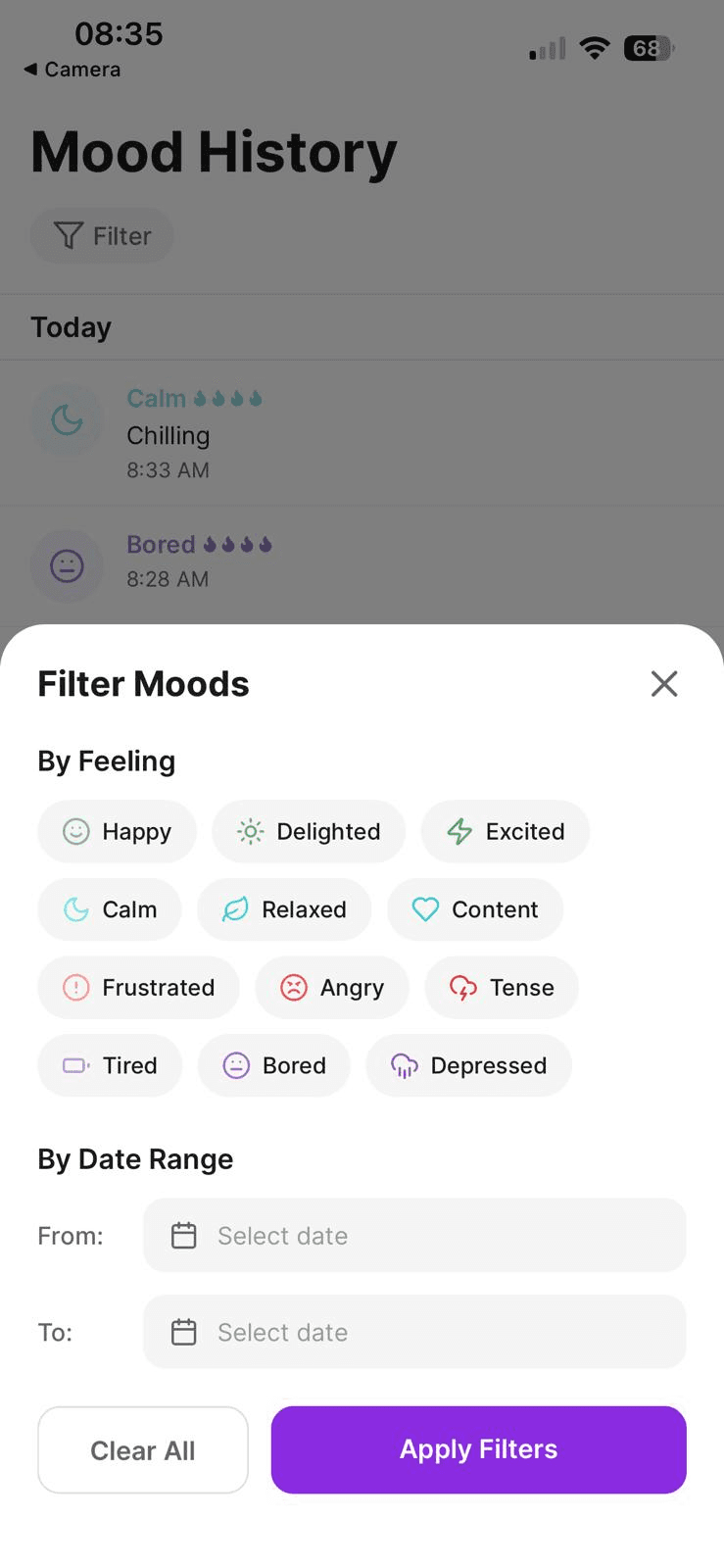 Track your mood history with powerful filtering